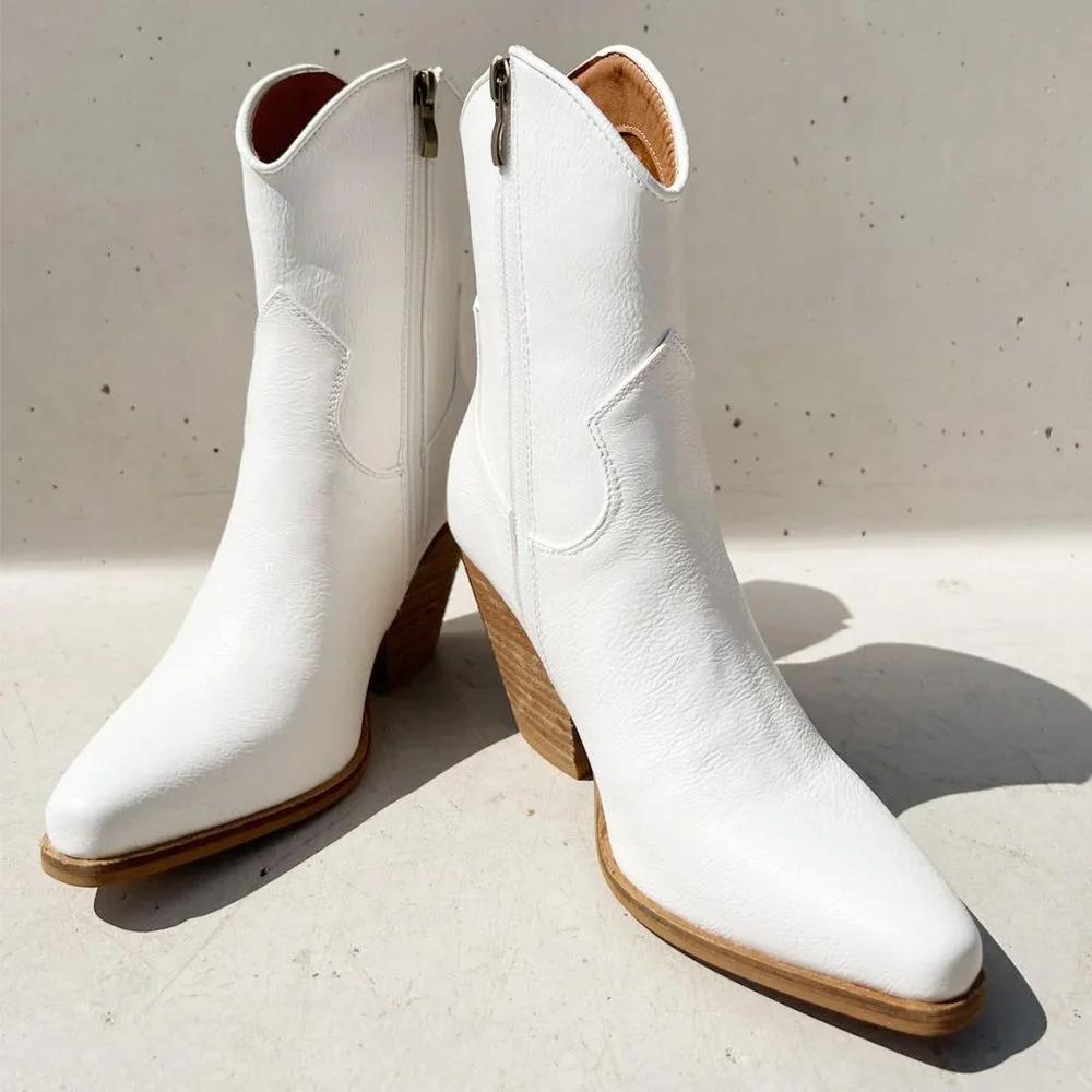 NEW Pointy Toe Stack Block Heel Western Curved Mid Ankle Booties Boots Off White - Picture 5 of 13